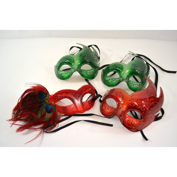 Masquerade Ball Mask Lot of 4 Red Green Glitter Peacock Feathers Plastic - Picture 1 of 9